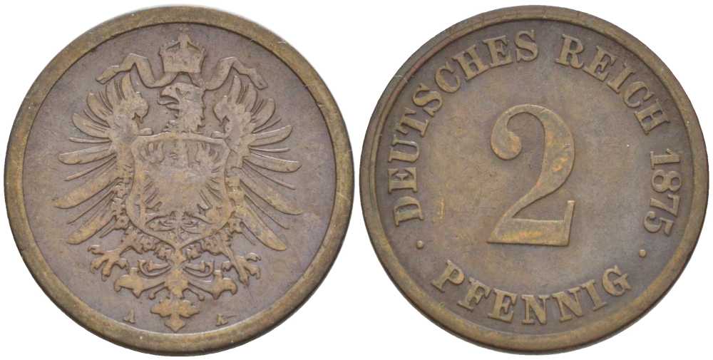 ГЕРМАНИЯ 2 ПФЕННИГА 1875 A, СТАРОГЕРБОВКА KM 2, J. 2, Weege 3 медь 212-533