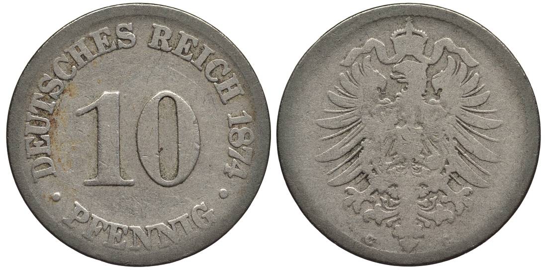 ГЕРМАНИЯ 10 ПФЕННИГОВ 1874 C, СТАРОГЕРБОВКА KM 4, Jager 4, Weege 7 медно-никель 4546-1114