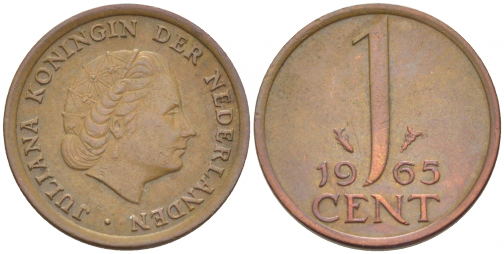 Нидерланды 1 цент 1965 Юлиана (1948-1980) КМ 180 бронза 3457-1021