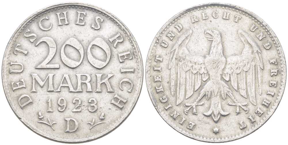 ГЕРМАНИЯ 200 МАРОК 1923 D KM 35, J. 304 алюминий 202-436