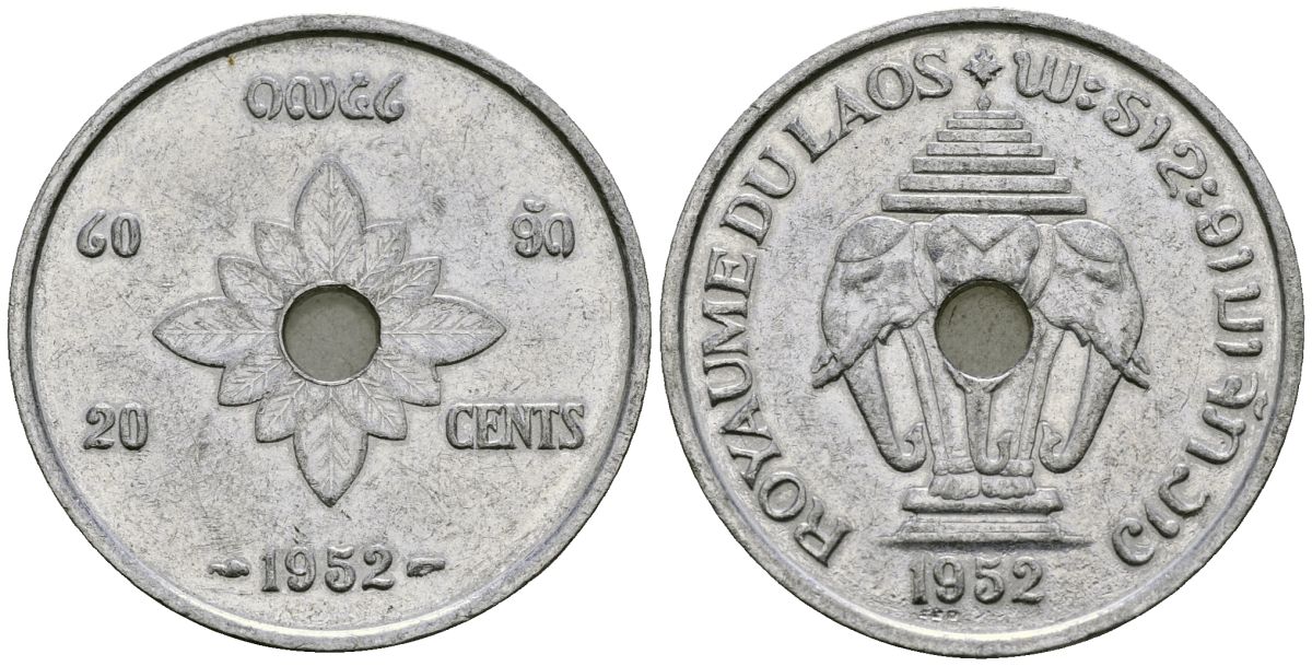 Лаос 20 центов 1952 король Сисаванг Вонг (1904-1959), слоны KM 5 алюминий 4185-922