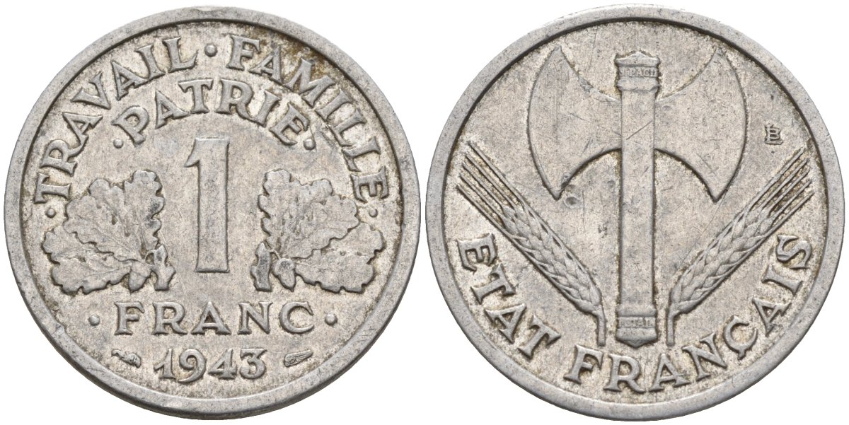 Франция 1 франк 1943 LB, тип Lourde, правительство Виши KM 902.1 алюминий 4142-933