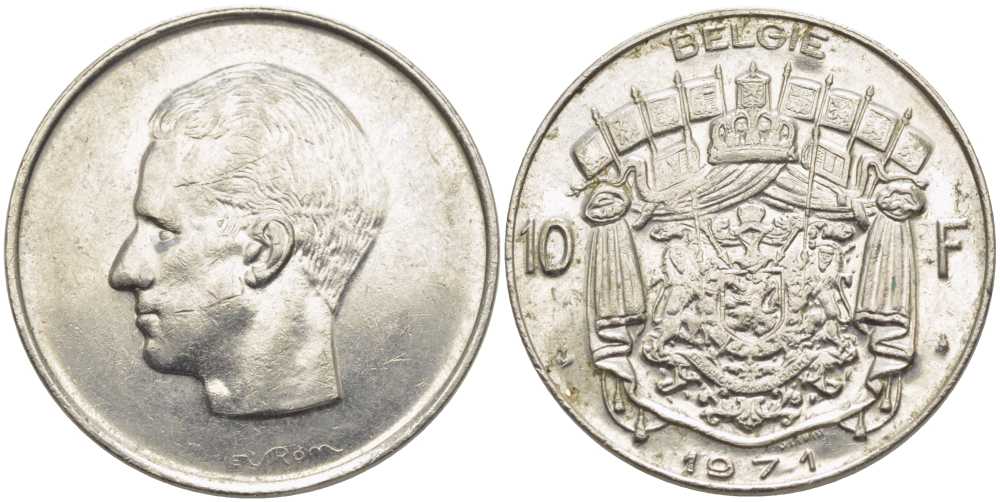БЕЛЬГИЯ 10 ФРАНКОВ 1971 BELGIE, БОДУЭН I (1951-1993) KM 156.1 никель 115-642
