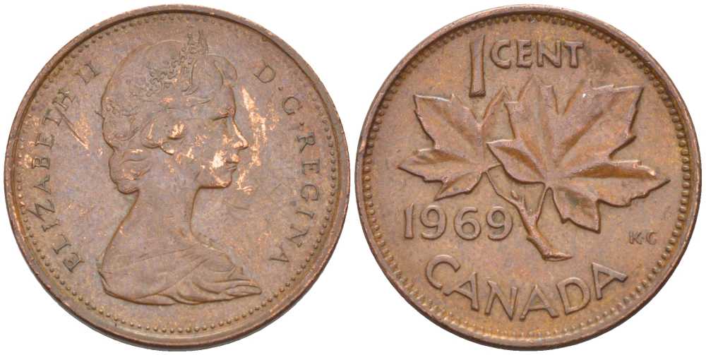 Канада 1 цент 1969 Елизавета II (1952-2022), кленовый лист KM 59.1 бронза 105-1167