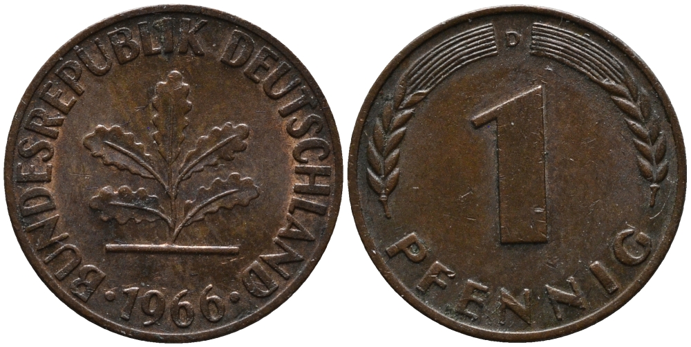 ФРГ 1 пфенниг 1966 D KM 105, J.380 сталь плакированная медью 99-258