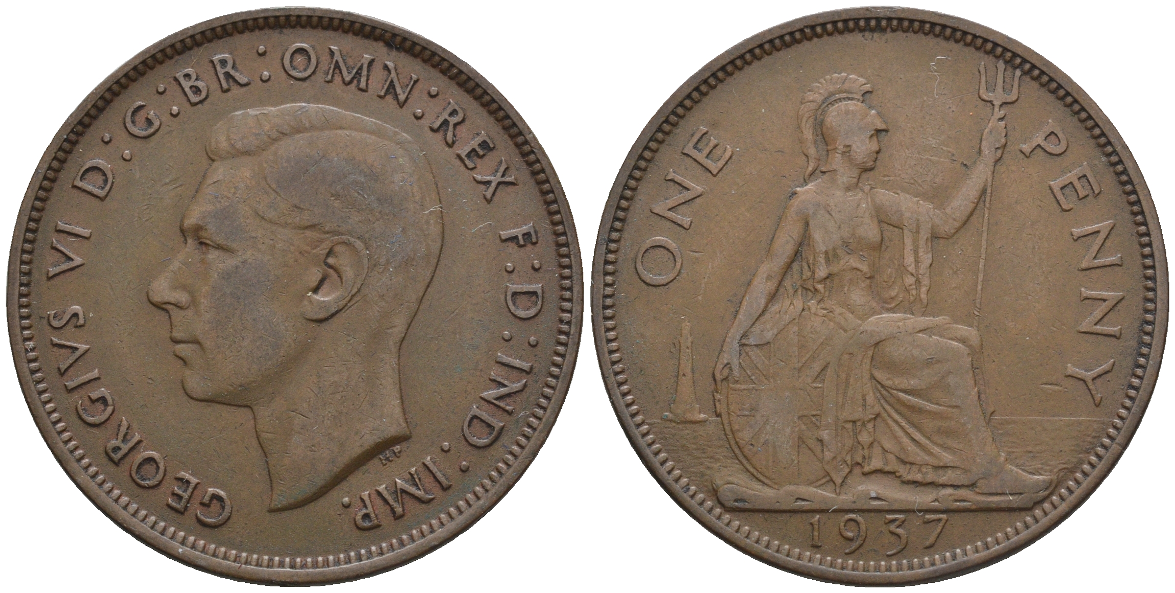 Великобритания 1 пенни 1937 Георг VI (1936-1952) KM 845, Spink 4114 бронза 4607-1114