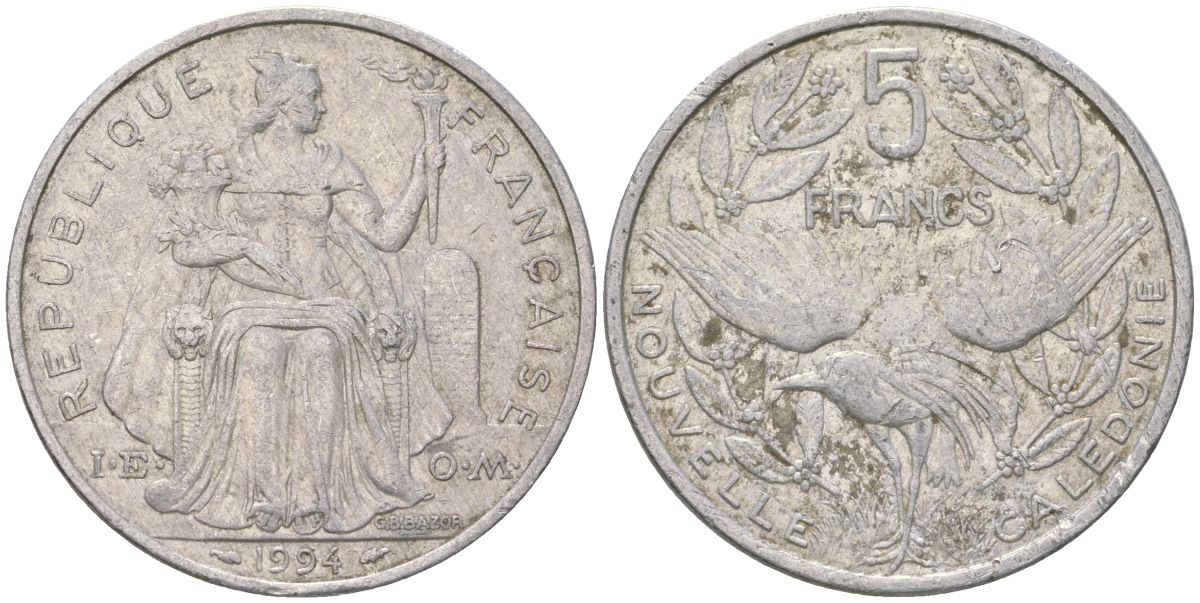 Французская Новая Каледония 5 франков 1994 птица кагу, (IEOM) KM 16, Schoen 12, Lec 81 алюминий 189-135