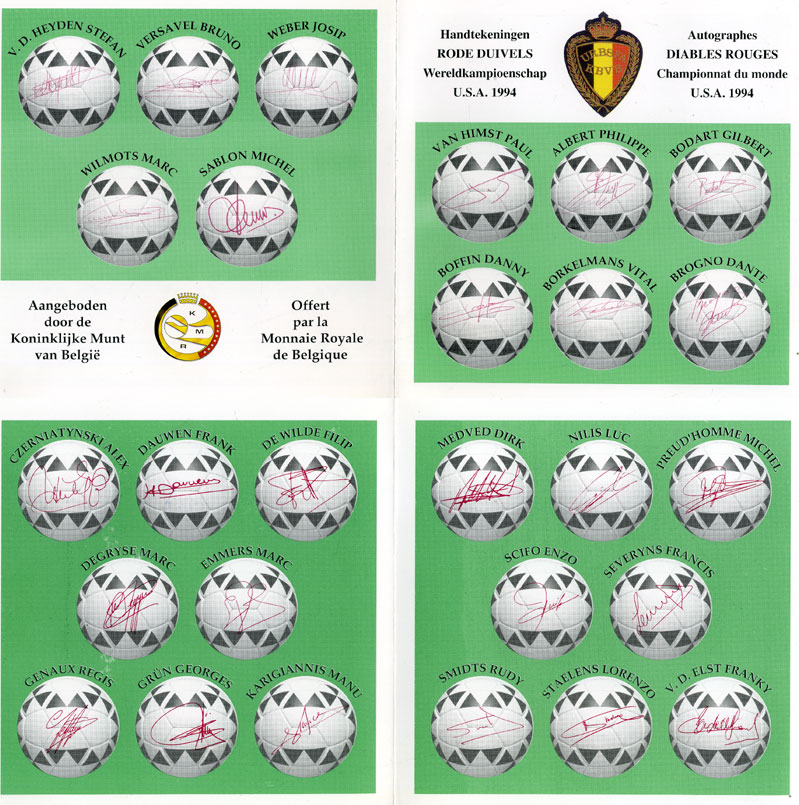 Бельгия набор из 10 монет + жетон монетного двора 1994 Belgie-Belgique, Чемпионат мира по футболу в США 1994 года, с подписями сборной Бельгии и фотографиями игроков, в оригинальном буклете, в запайке  KM MS 6   BUNC  6-5-3-46