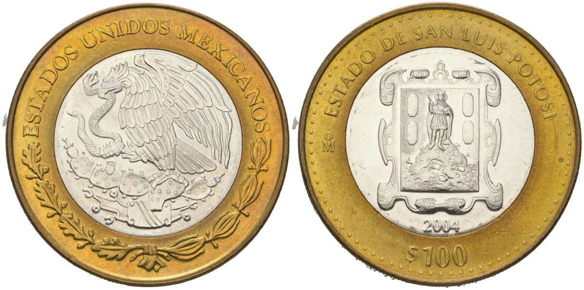 Мексика 100 песо 2004 180 лет Федерации - Сан-Луис-Потоси KM 803 биметалл, серебро BU 00-1067-8-31