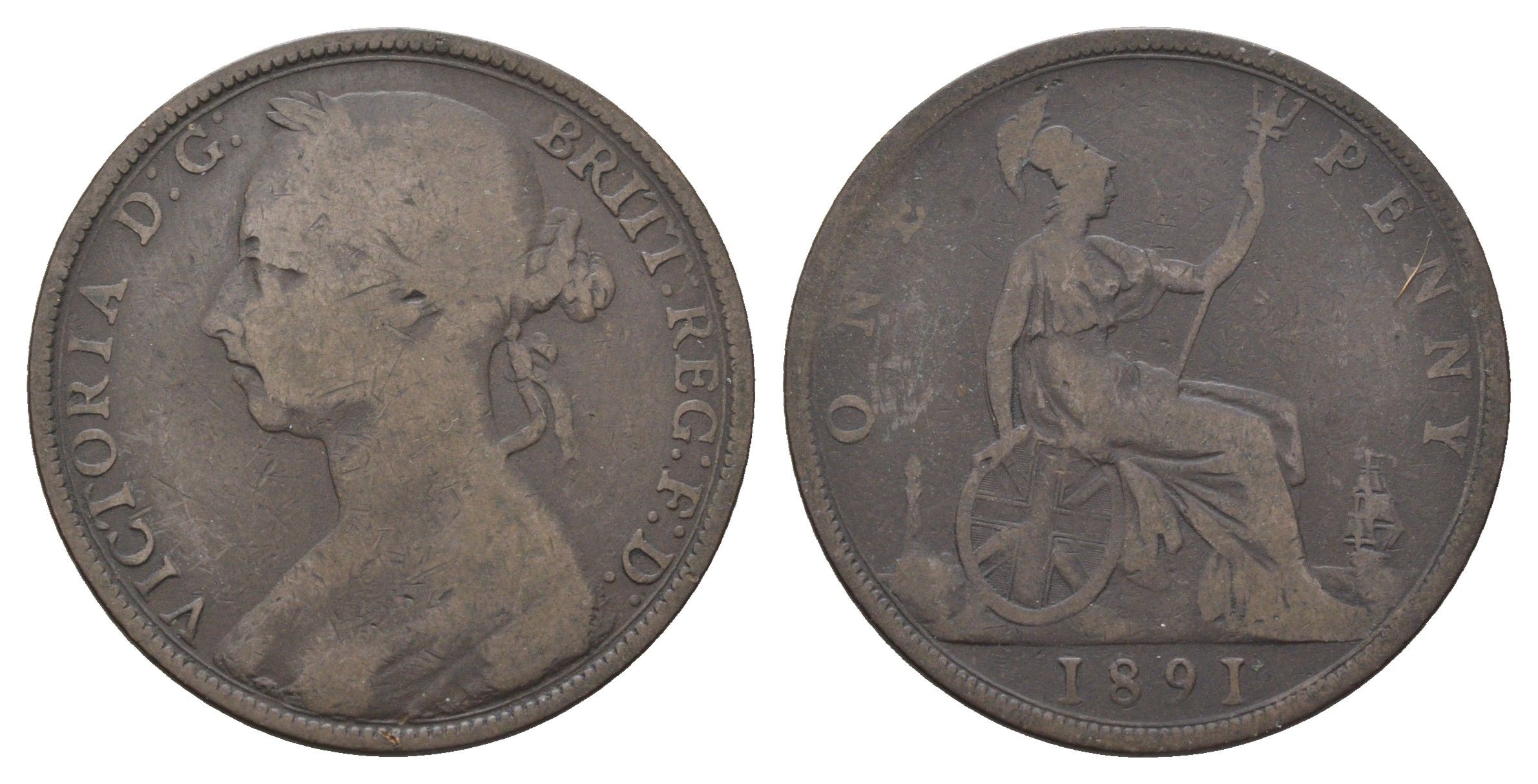 Великобритания 1 пенни 1891 Виктория (1837-1901) KM 755, Spink 3954 бронза 4661-423