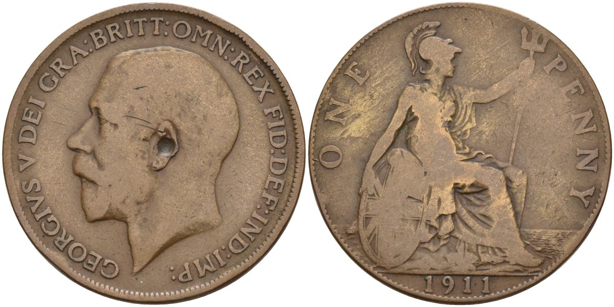Великобритания 1 пенни 1911 Георг V (1910-1936) KM 810, Spink 4051 бронза 4149-711