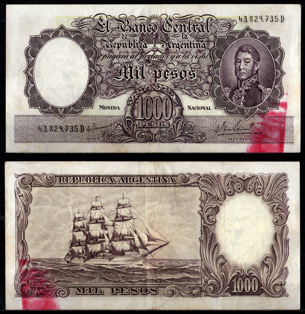 Аргентина 1000 песо ND (1966-1969) Pick 279 (3) бумага 7548-87-3-2