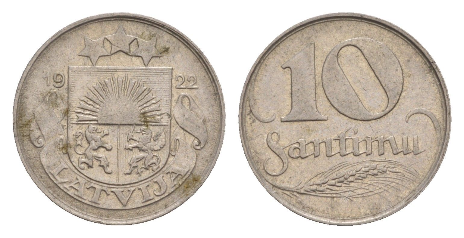Латвия 10 сантимов 1922 год-тип KM 4 никель 4658-1227