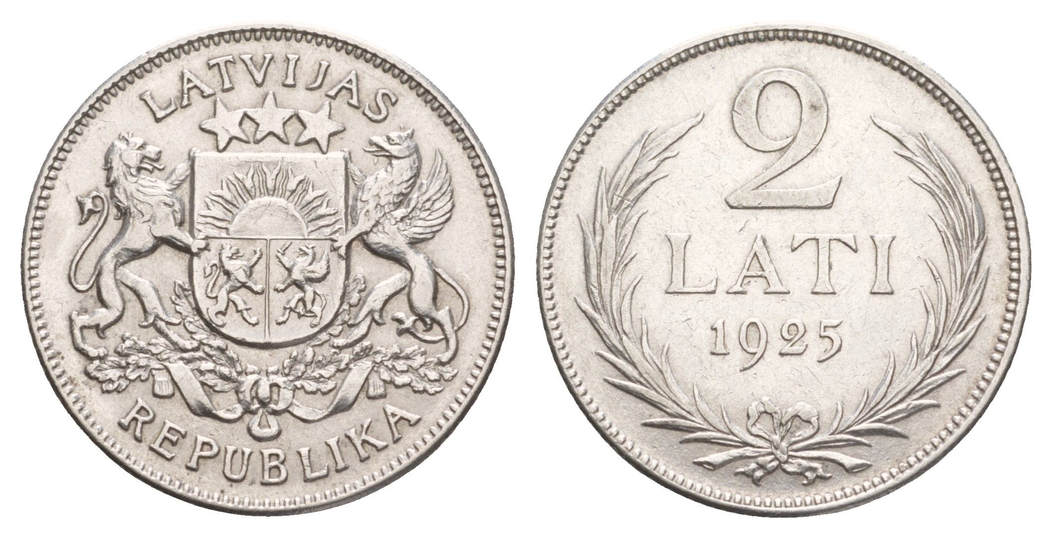 Латвия 2 лата 1925 год-тип KM 8 серебро 4657-821