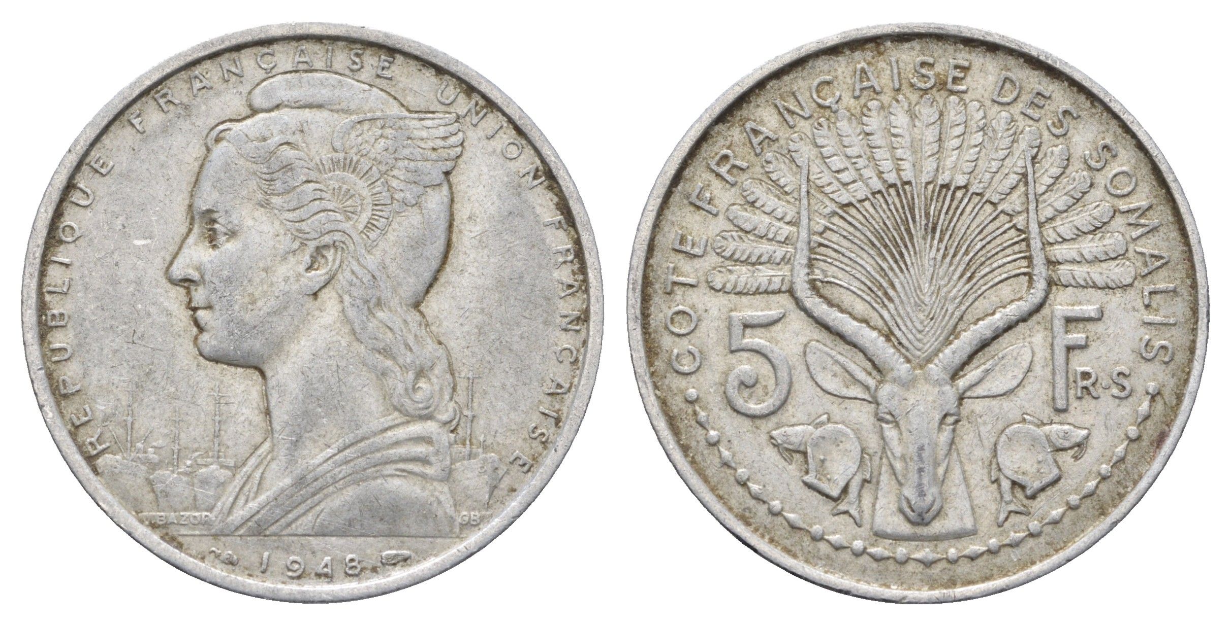 Французское Сомали 5 франков 1948 год-тип KM 6 алюминий 4667-524