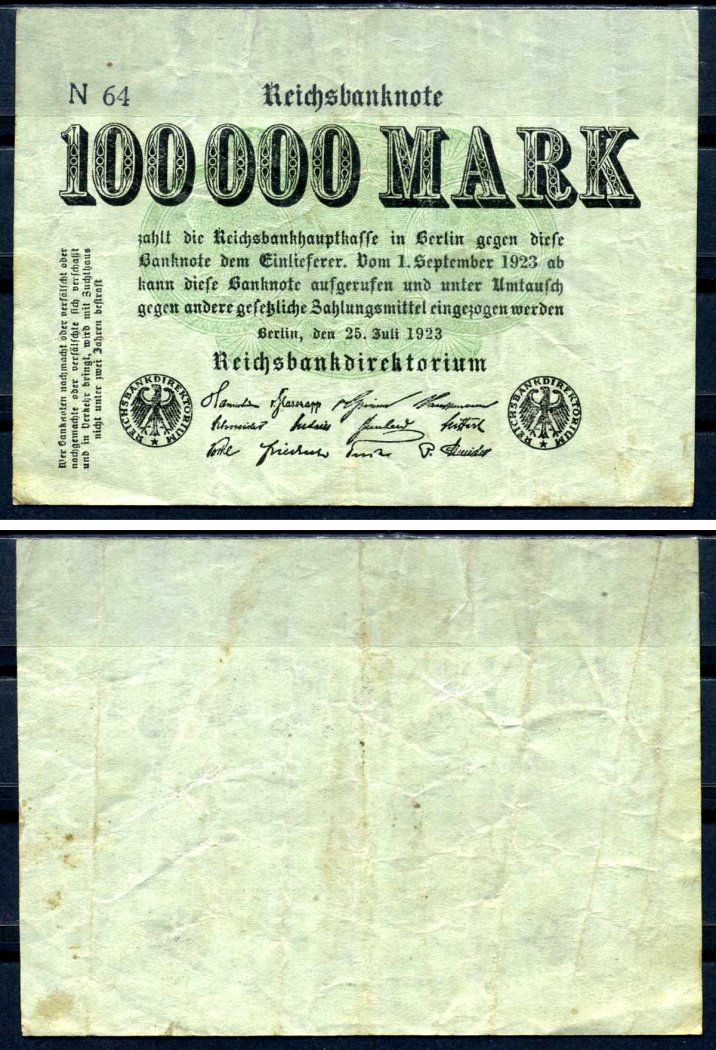 Германия 100000 марок 1923 25 июля 1923, серия N, бумага зеленая, водяной знак E Pick 91 a бумага 7553-19-1-2