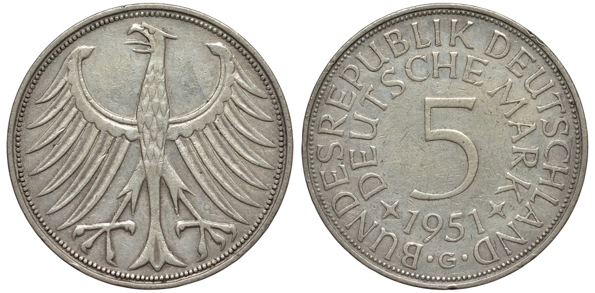 ФРГ 5 марок 1951 G, KM 112.1, J.387 серебро 189-424
