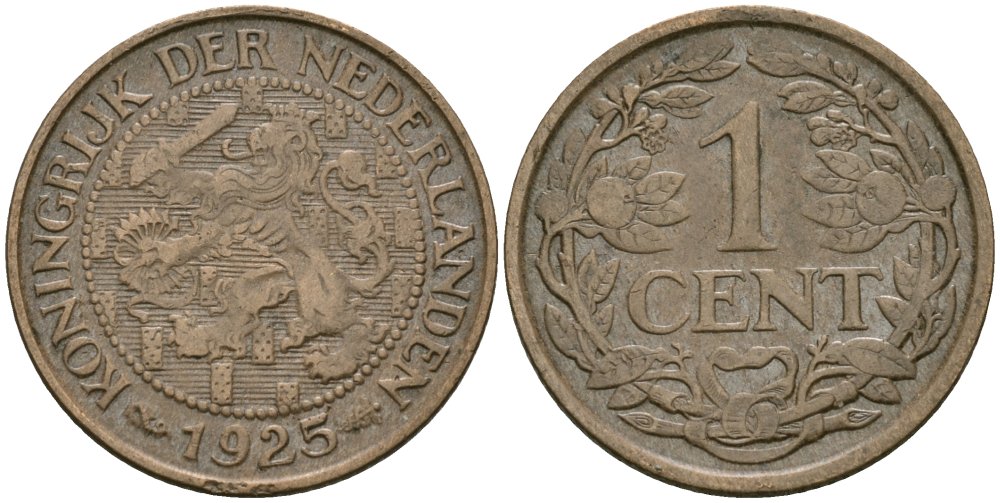 Нидерланды 1 цент 1925 Вильгельмина (1890-1948) KM 152 бронза 4576-1061