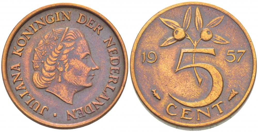 НИДЕРЛАНДЫ 5 ЦЕНТОВ 1957 ЮЛИАНА KM 181 бронза 3718-351