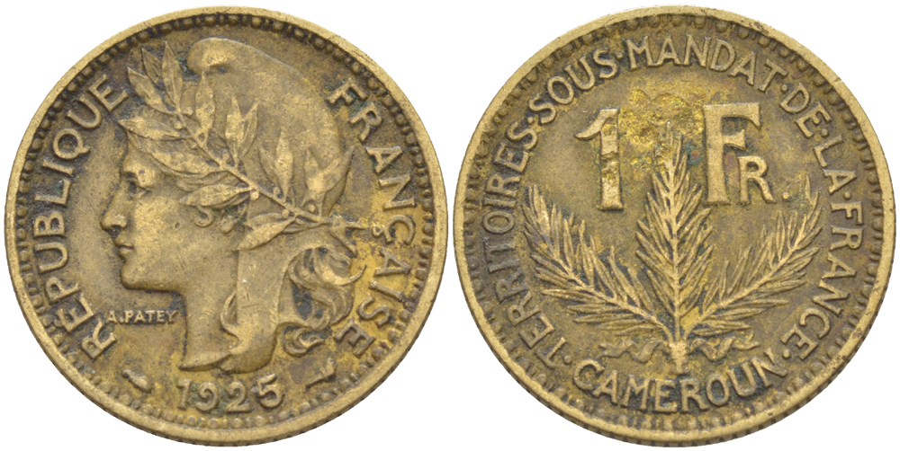 Французский Камерун 1 франк 1925 (а), монетный двор Париж KM 2 алюминиевая бронза 51-1322
