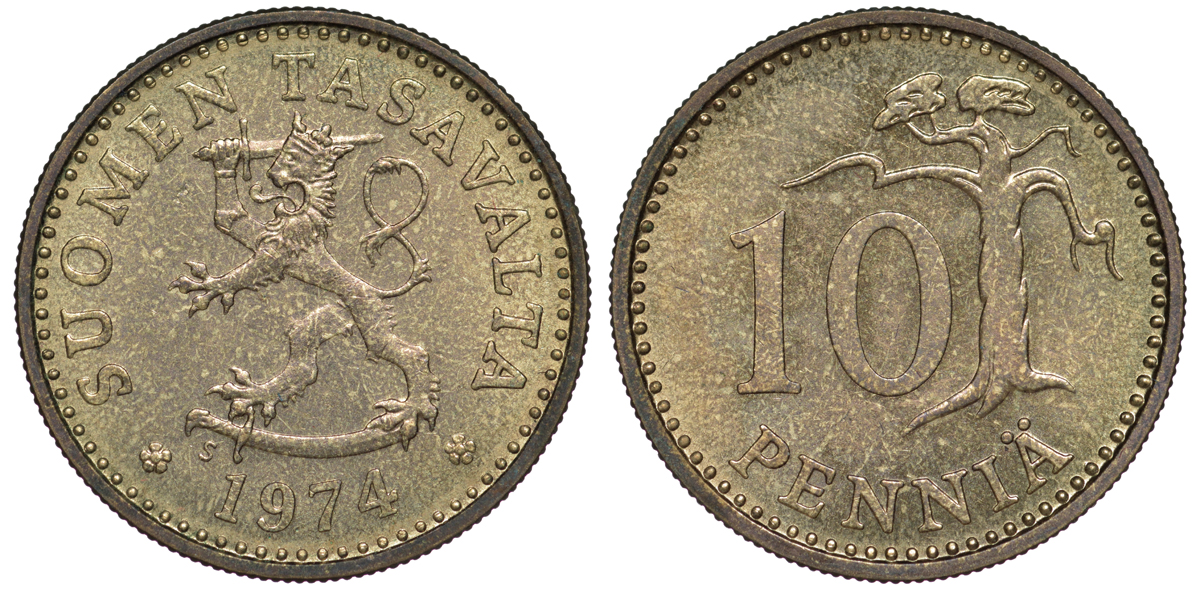 ФИНЛЯНДИЯ 10 ПЕННИ 1974 S KM 46 алюминиевая бронза 3334-1131