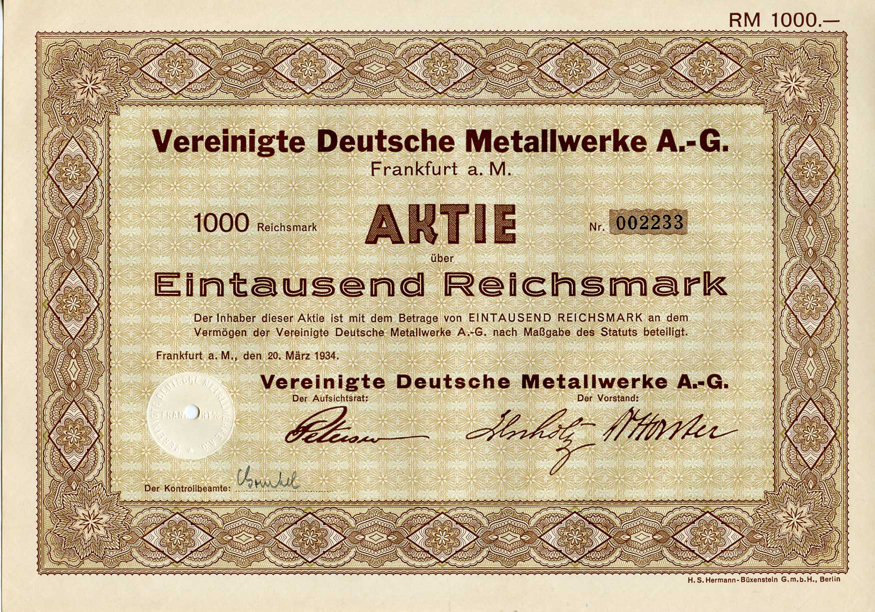 Германия 1000 рейхсмарок 1934 АО Объединенные немецкие металлургические заводы, акция   бумага   8803-30-1