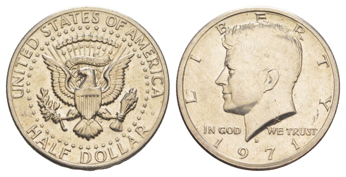 США 1/2 доллара (50 центов) 1971 D, Джон Кеннеди KM 202b медь плакированная медно-никелем aUNC 32-1213