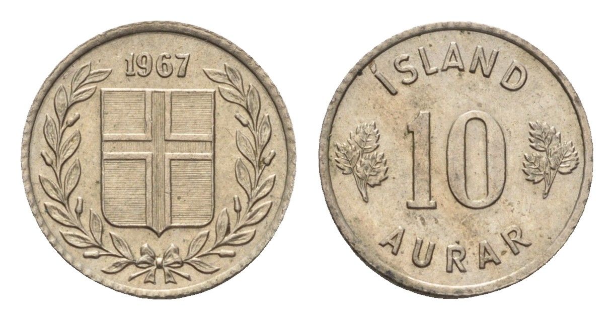 Исландия 10 эйре 1967 KM 10 медно-никель aUNC 4690-723