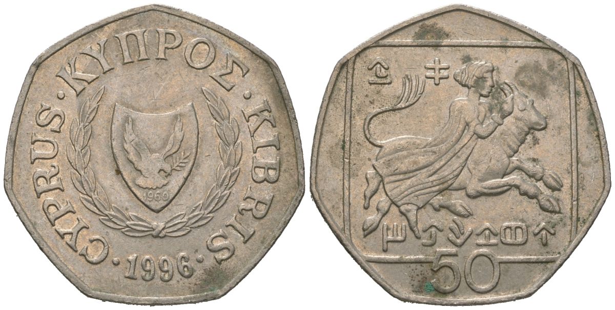 Кипр 50 центов 1996 похижение Европы KM 66 медно-никель 4620-432