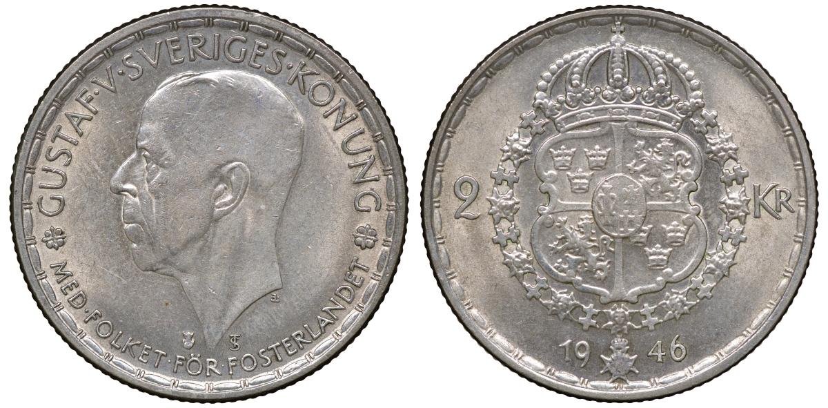 Швеция 2 кроны 1946 TS, Густав V (1907-1950) KM 815 серебро 4178-1346