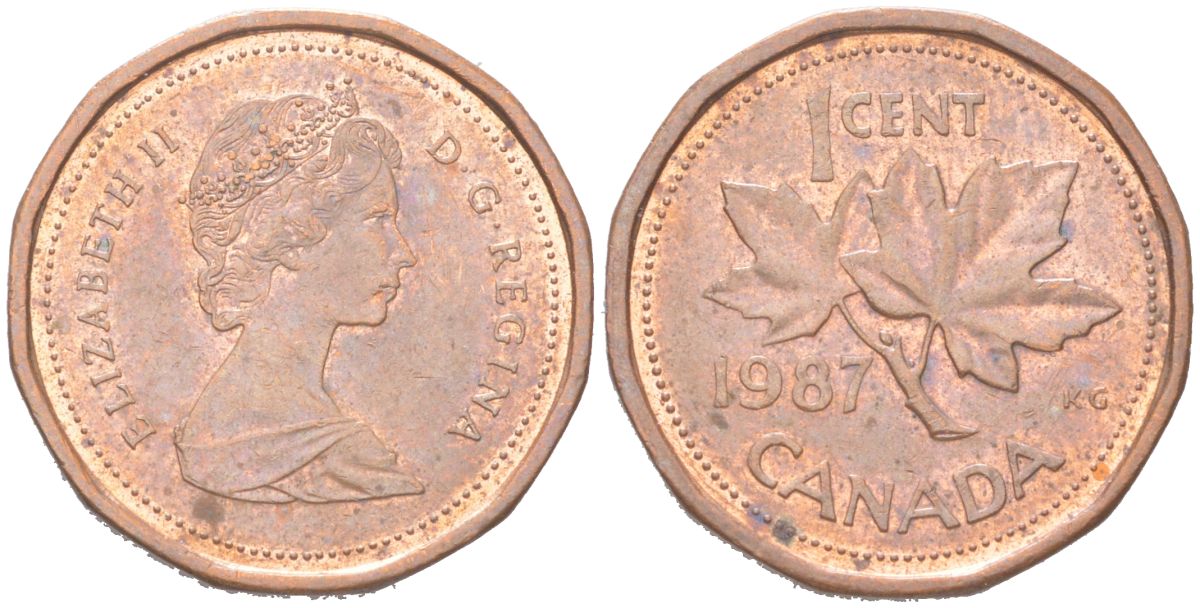 Канада 1 цент 1987 Елизавета II, кленовый лист KM 132 бронза 4611-252