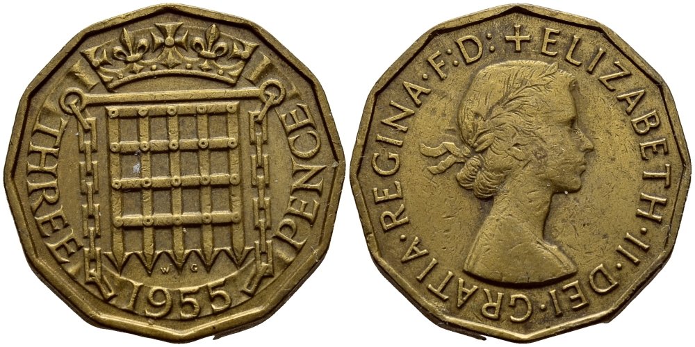 Великобритания 3 пенса 1955 Елизавета II (1952-2022) KM 900, Spink 4153 никель латунь 36-1211