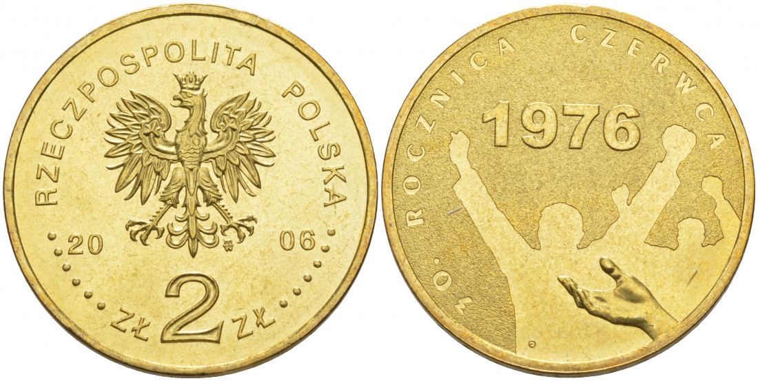 Польша 2 злотых 2006 MW, 30 лет акциям протеста в июне 1976 года KM 571 нордик UNC 08-621