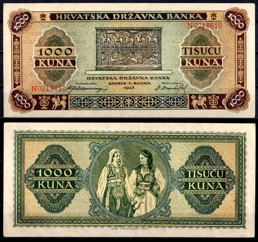 Хорватия 1000 куна 1943 Pick 12 a бумага 7553-37-1-2