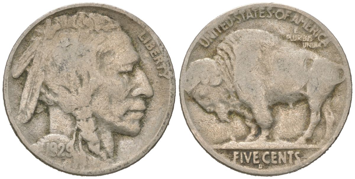 США 5 центов 1929 D, индеец, бизон KM 134 медно-никель 4614-1139
