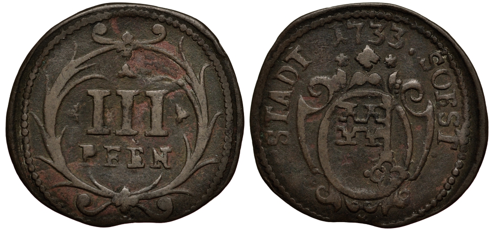 Соест 3 пфеннига 1733 KM 30 медь 413-2831