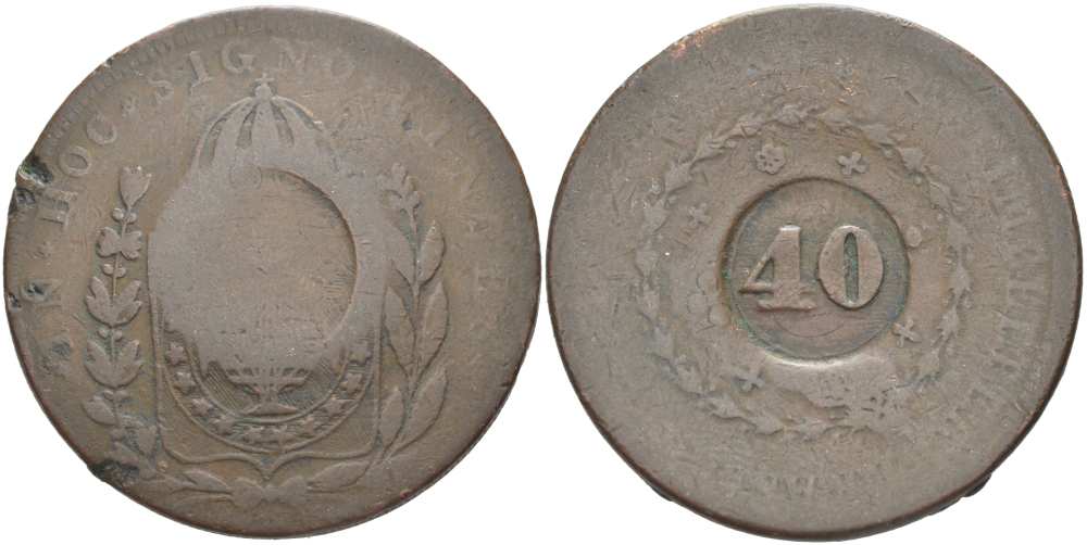 Бразилия 40 рейс 1835 провинция ICO, надчеканка на 80 рейсах Педро I KM 444.1 медь 650-1334