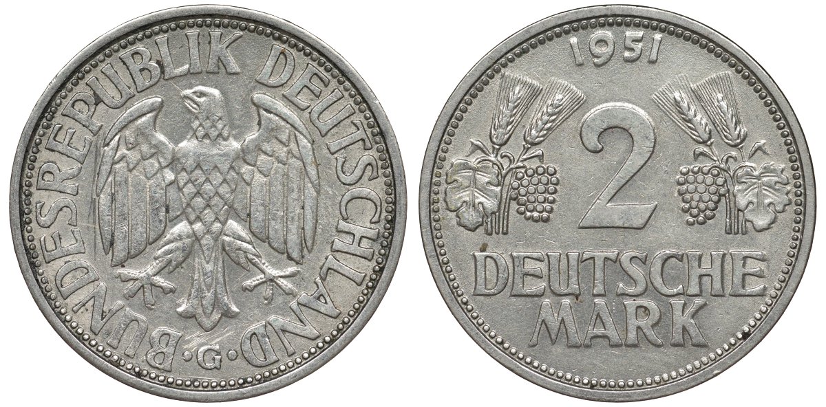 ФРГ 2 марки 1951 G J 386, KM 111 медно-никель плакированный никелем 72-224