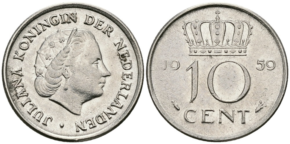 НИДЕРЛАНДЫ 10 ЦЕНТОВ 1959 ЮЛИАНА KM 182 никель 96-437