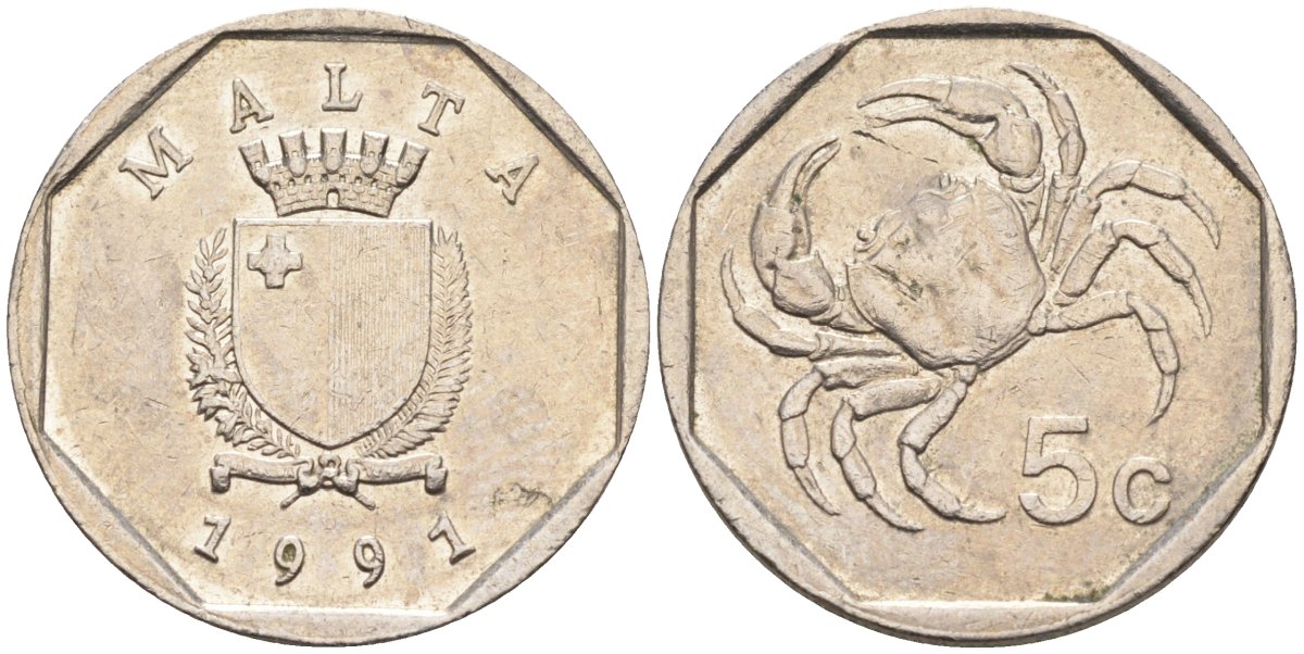 Мальта 5 центов 1991 краб KM 95 медно-никель 4564-542