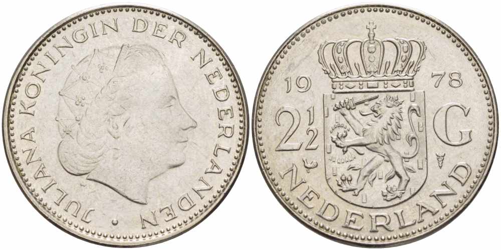 НИДЕРЛАНДЫ 2 1/2 ГУЛЬДЕНА 1978 ЮЛИАНА (1948-1980) KM 191 никель 38-832