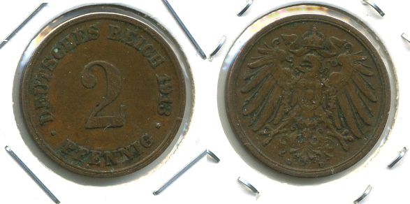 Германия 2 пфеннига 1913 D KM 16, J. 11, Weege 4 медь 701-541