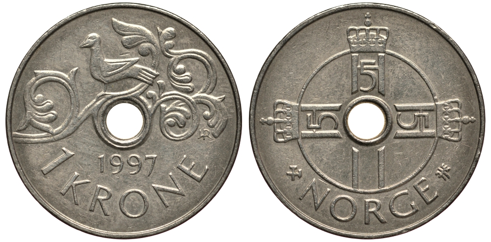 Норвегия 1 крона 1997 Харальд V (1992- ) KM 462 медно-никель 4182-235