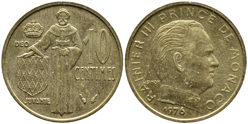 Монако 10 сантимов 1976 Ренье III (1949-2005) KM 142 алюминиевая бронза 3334-1141