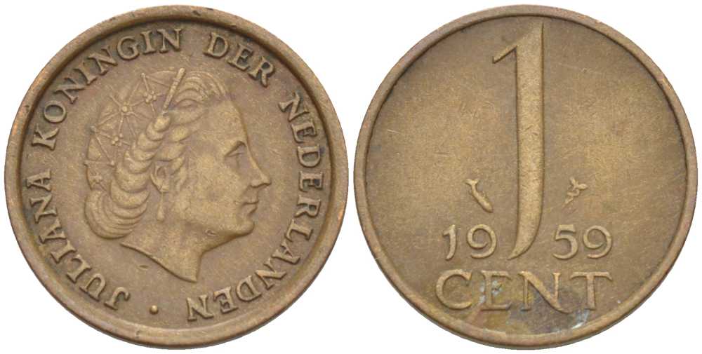 НИДЕРЛАНДЫ 1 ЦЕНТ 1959 ЮЛИАНА KM 180 бронза 66-863