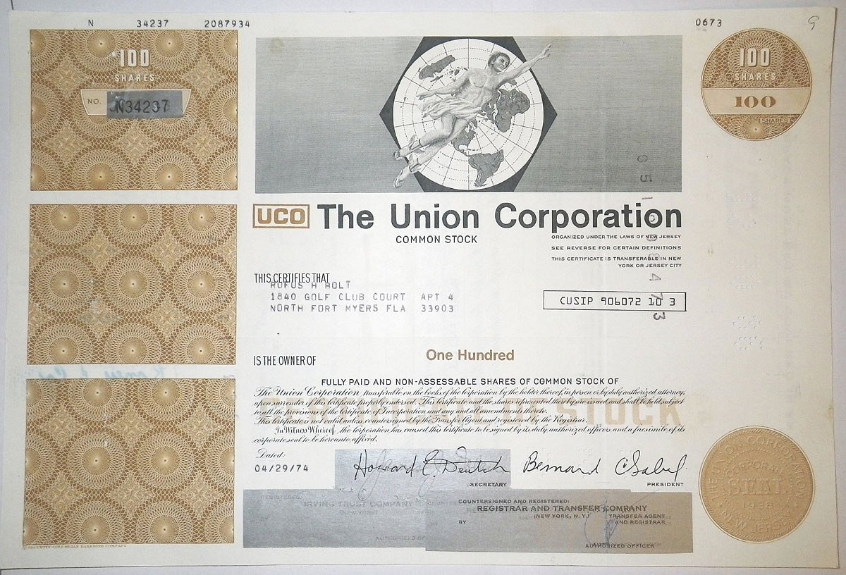 США, THE UNION CORPORATION 100 АКЦИЙ 1974 бумага 00-00
