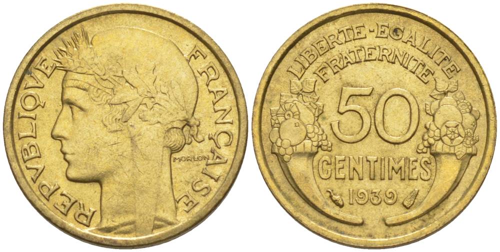ФРАНЦИЯ 50 САНТИМОВ 1939 ТИП MORLON KM 894.1, LE FRANC 192.15 алюминиевая бронза 44-834