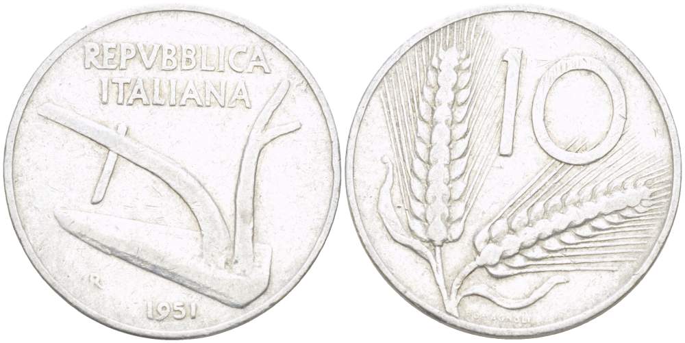 ИТАЛИЯ 10 ЛИР 1951 R, КОЛОС, ПЛУГ KM 93 алюминий 4523-641
