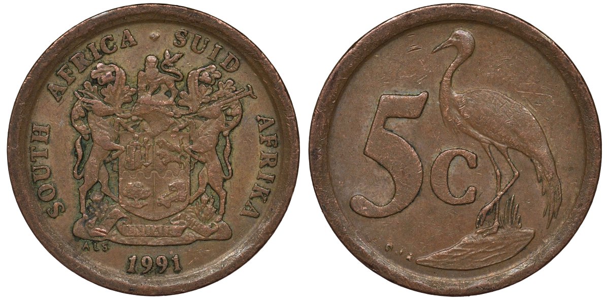 ЮАР 5 центов 1991 синий журавль, герб KM 134 сталь плакированная медью 4122-256