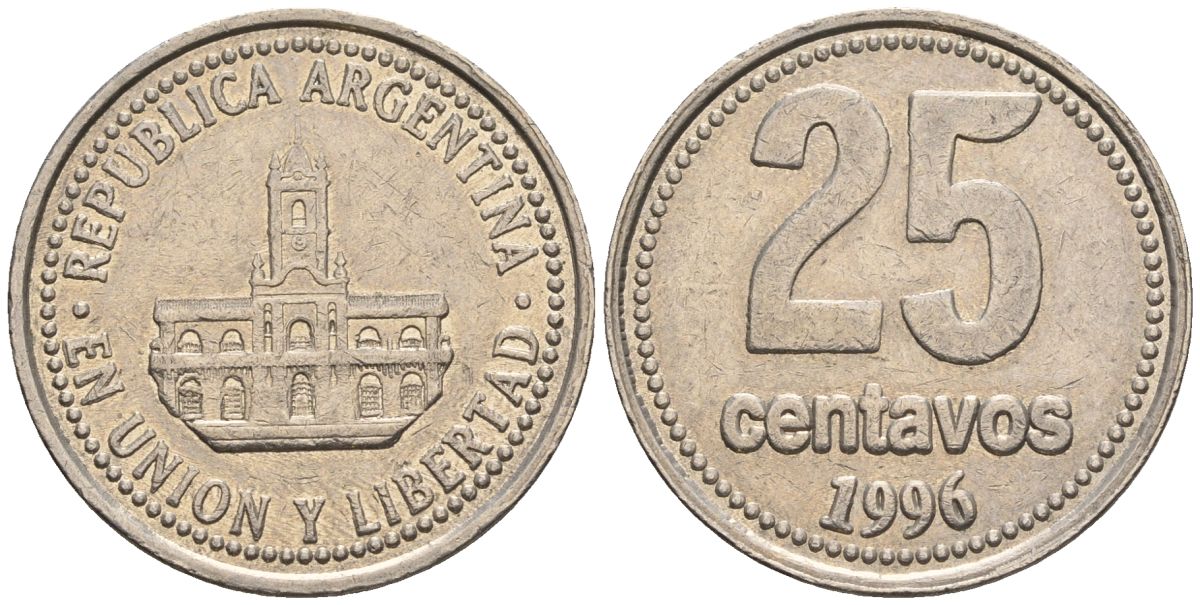 Аргентина 25 сентаво 1996 ратуша Буэнос-Айреса KM 110a, CJ 4.4.1, Schon 111a медно-никель    60-427